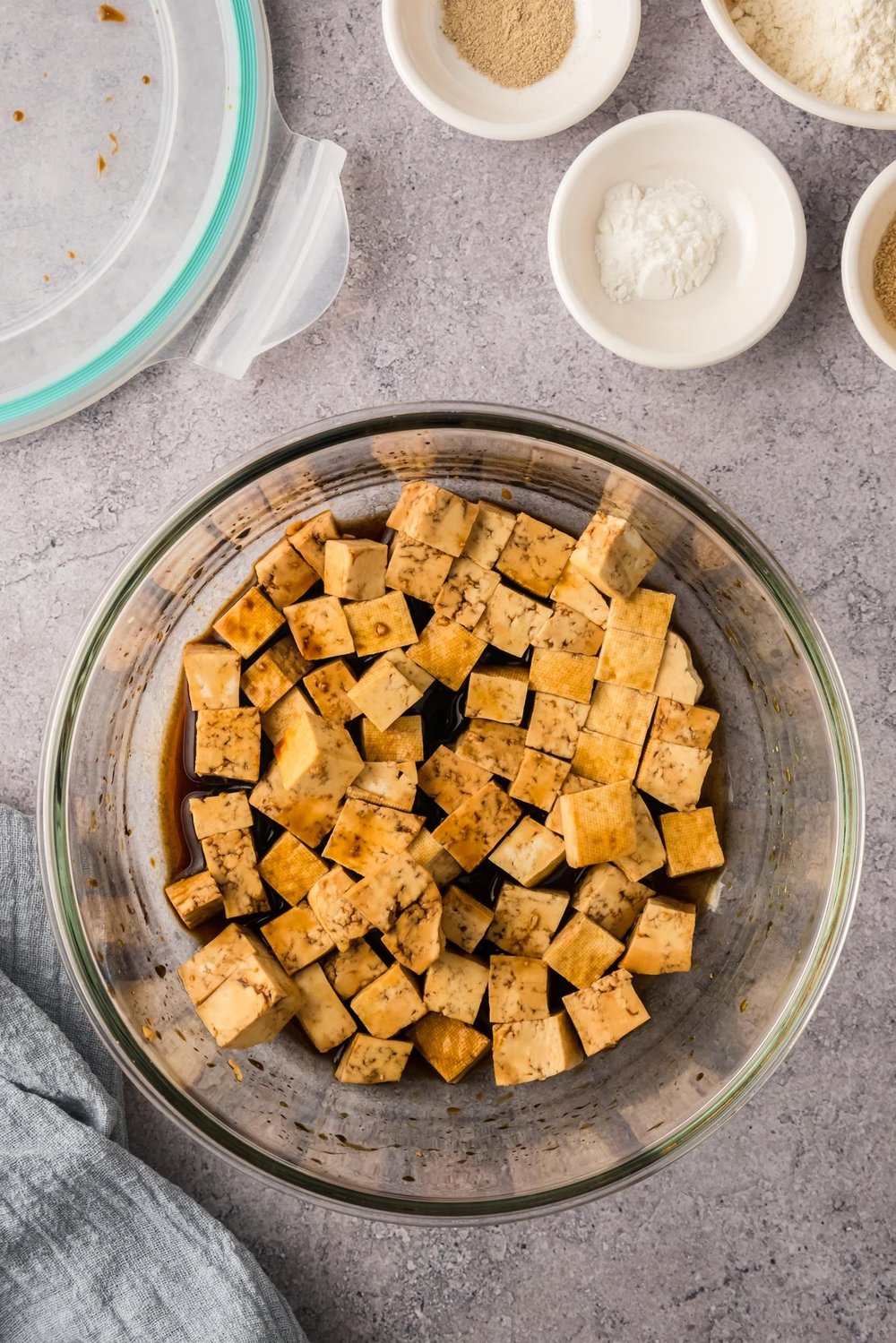 Marinated tofu in a bowl.