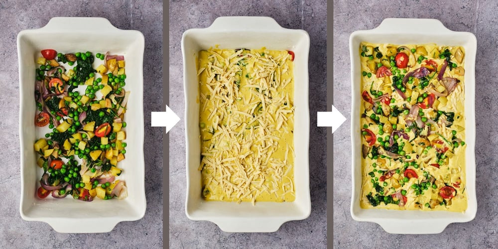 An unbaked veggie breakfast casserole in a casserole dish, with the first layer of vegetables (left), the first layer of veggies, eggless filling, and vegan cheese (center), and the finished casserole (right).