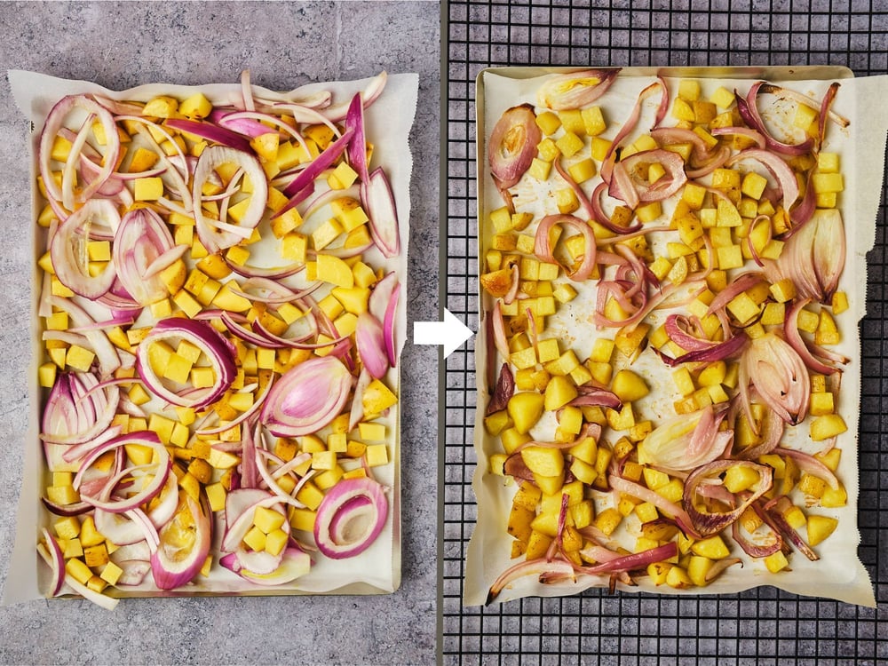 Potatoes and onions on a baking tray, before (left) and after (right) roasting.