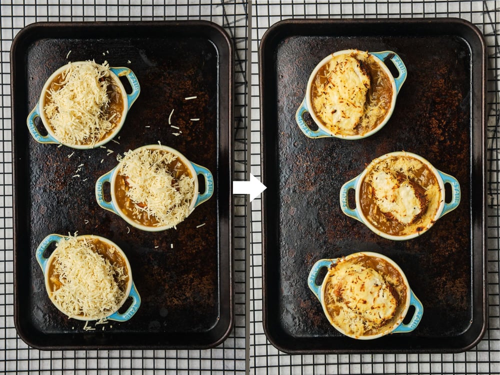 Vegan French onion soup in three bowls on a baking tray, before and after broiling.
