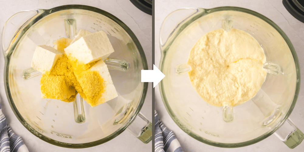 Tofu ricotta ingredients in a blender jar before and after blending.